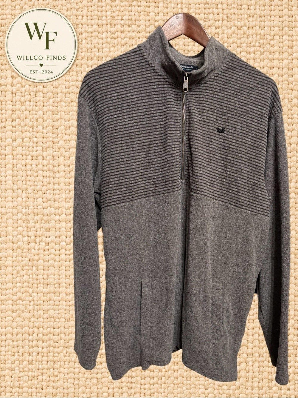 Southern Marsh Men’s Gray 1/4 Zip Pullover Ribbed Duck Logo Size Large